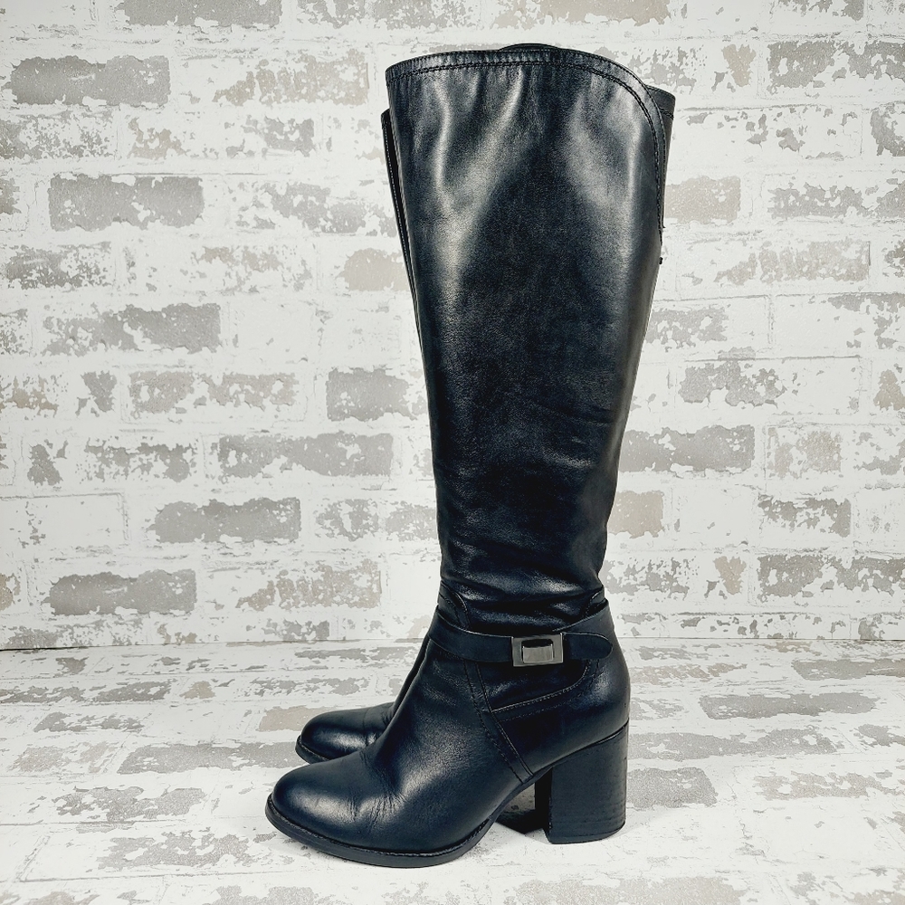 Franco Sarto Alexa Black Leather Zip Up Block Heel Tall Knee High Boots …